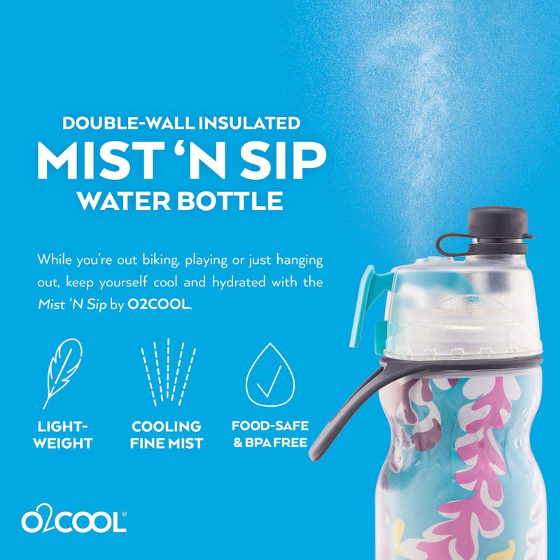O2COOL Arctic Squeeze Insulated Mist 'N Sip Water Bottle | 2 Pack- 20 oz | BPA Free, 2-in-1 Mist and Sip Function w/No Leak Pull Top Spout (Ras Ombre/Tropical) - Image 5