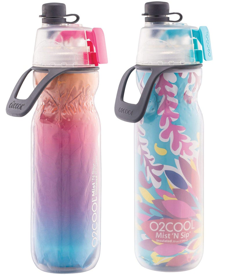 O2COOL Arctic Squeeze Insulated Mist 'N Sip Water Bottle | 2 Pack- 20 oz | BPA Free, 2-in-1 Mist and Sip Function w/No Leak Pull Top Spout (Ras Ombre/Tropical) - Image 1