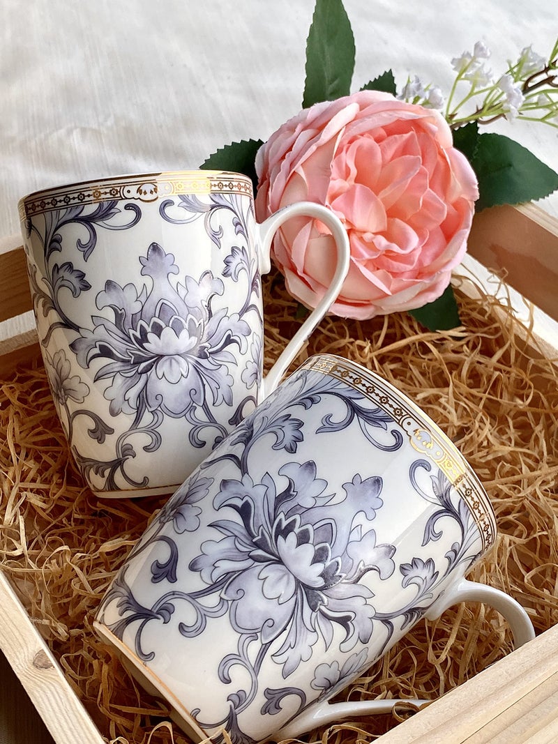 Vigneto Floral Royal Blue Coffee Mug Set | Set of 2 Mugs, 300 ML | Finest Premium Porcelain | for Coffee/Tea | Scratch Resistant | Lead Free | Perfect for Gifting - Image 3