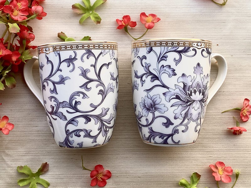 Vigneto Floral Royal Blue Coffee Mug Set | Set of 2 Mugs, 300 ML | Finest Premium Porcelain | for Coffee/Tea | Scratch Resistant | Lead Free | Perfect for Gifting - Image 2
