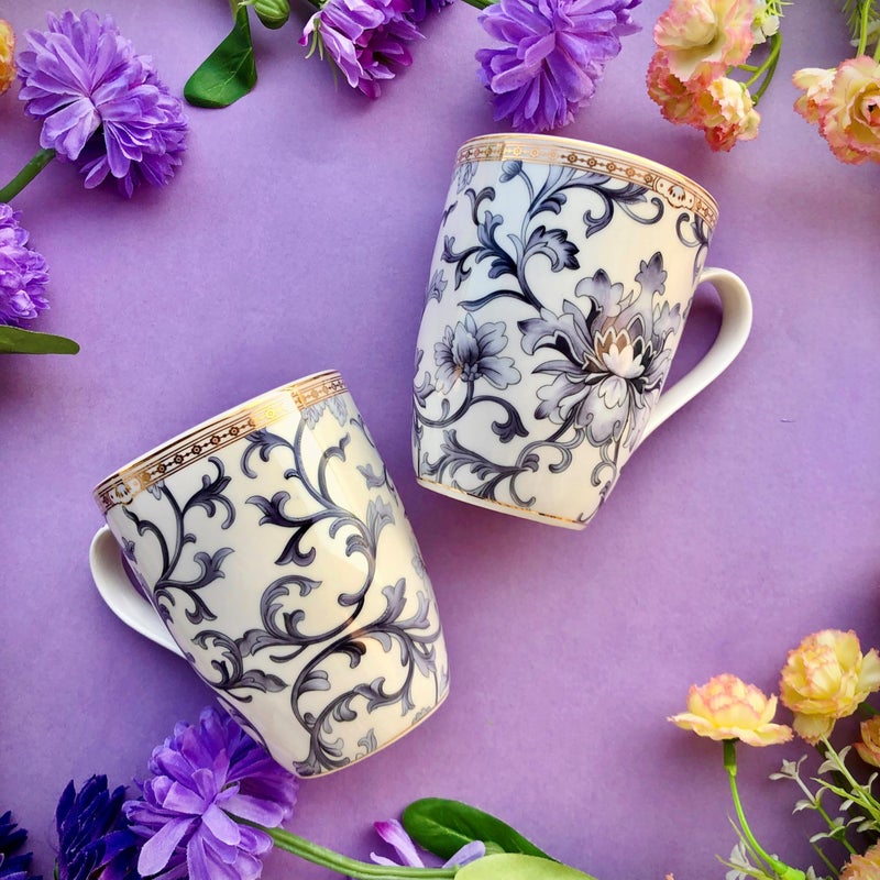 Vigneto Floral Royal Blue Coffee Mug Set | Set of 2 Mugs, 300 ML | Finest Premium Porcelain | for Coffee/Tea | Scratch Resistant | Lead Free | Perfect for Gifting - Image 4
