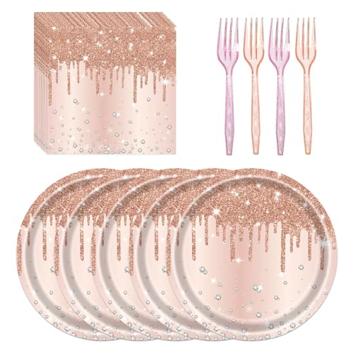 LYFREE 72 Pcs Rose Glitter Paper Plates 7in Disposable Dinner Plates Napkins and Forks Party Tableware Set Decoration Supplies for Girls Birthday Bridal Shower Wedding Ceremonies Anniversary Party, Serve 24 - Image 1
