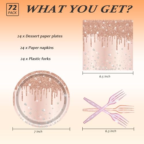 LYFREE 72 Pcs Rose Glitter Paper Plates 7in Disposable Dinner Plates Napkins and Forks Party Tableware Set Decoration Supplies for Girls Birthday Bridal Shower Wedding Ceremonies Anniversary Party, Serve 24 - Image 2