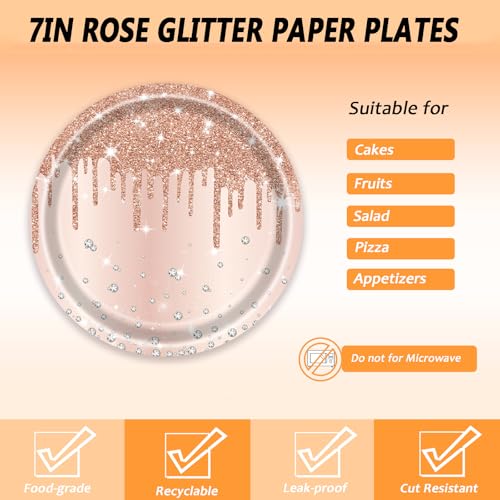 LYFREE 72 Pcs Rose Glitter Paper Plates 7in Disposable Dinner Plates Napkins and Forks Party Tableware Set Decoration Supplies for Girls Birthday Bridal Shower Wedding Ceremonies Anniversary Party, Serve 24 - Image 3
