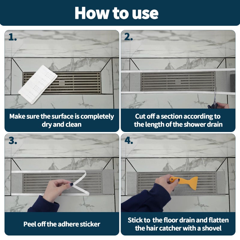 OXDFK 4 Inch x 33 FT Disposable Shower Drain Screen Self-Adhesive Stickers, with Cleaning Shovel, Showers Drain Hair Catcher, Shower Drain Mesh Stickers for Bathroom Kitchen Sink - Image 4