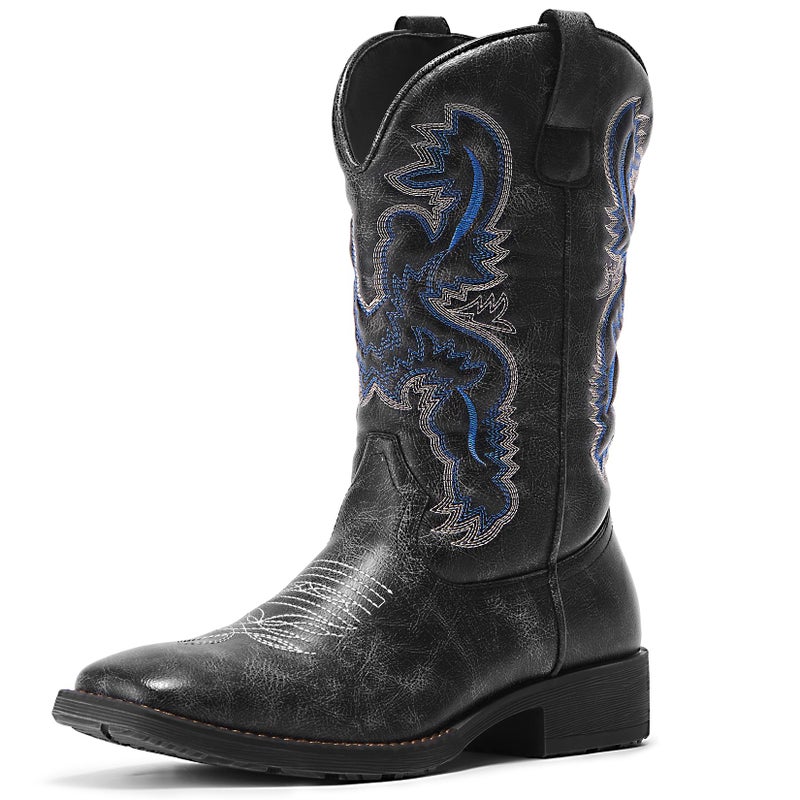 TruVeld Menâ€™s Western Cowboy Boots - Classic Embroidered Slip-On Square Toe, Slip-Resistant Country Boots with Chunky Heel, Durable Ankle Boots for Spring & Fall - Image 1