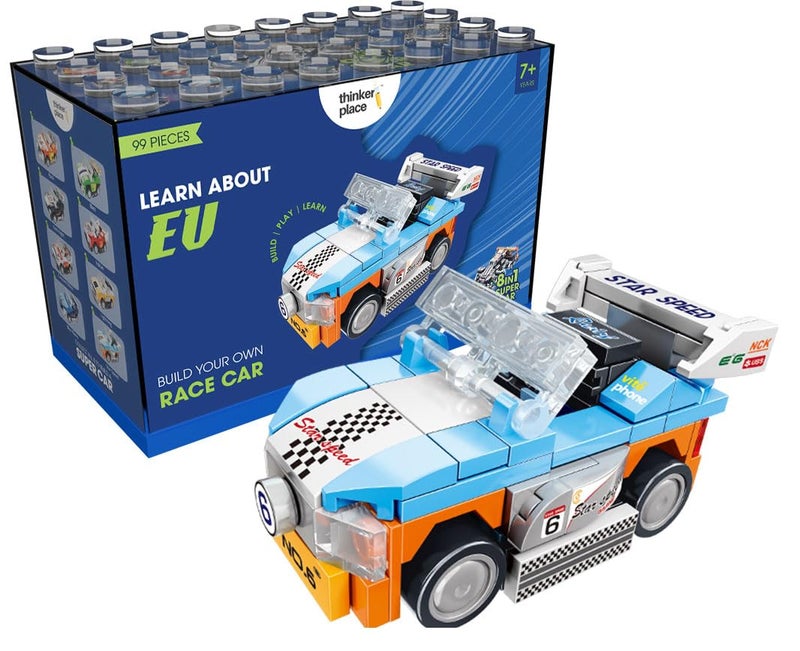 ThinkerPlace STEM F1 Racing Car Building Blocks Set (99 Pcs) | DIY Formula Car Toy for Kids 6+ Years (Boys & Girls) | Pull Back Racing Toy | Creativity & Engineering Skills Development | Blue & Orange - Image 1