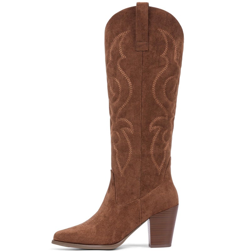 Pasuot Suede Cowboy Boots for Women - Western Knee High Cowgirl Boots with Side Zipper, Retro Pointed Toe Tall Block Heel Pull On Long Boot Fall Winter Concert Rodeo Festival Daily Dark Brown Size 8 - Image 4
