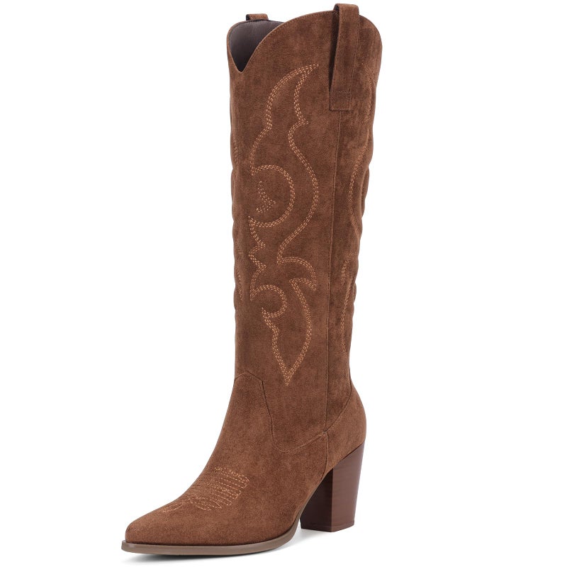 Pasuot Suede Cowboy Boots for Women - Western Knee High Cowgirl Boots with Side Zipper, Retro Pointed Toe Tall Block Heel Pull On Long Boot Fall Winter Concert Rodeo Festival Daily Dark Brown Size 8 - Image 1