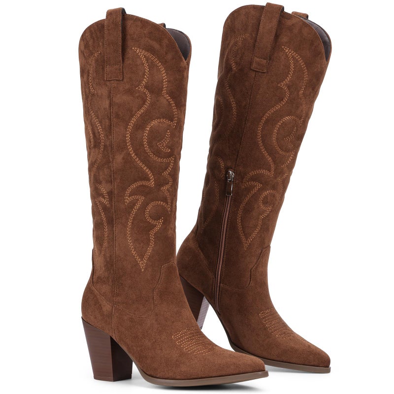 Pasuot Suede Cowboy Boots for Women - Western Knee High Cowgirl Boots with Side Zipper, Retro Pointed Toe Tall Block Heel Pull On Long Boot Fall Winter Concert Rodeo Festival Daily Dark Brown Size 8 - Image 5