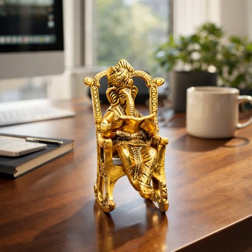 CHHARIYA CRAFTS Metal Lord Ganesh Reading Ramayana Statue Ganpati Sitting on Chair with Kuber Diya Idol for Home Office and Gifts Decor Corporate Gifts Decorative Showpiece - 14 cm (Metal, Gold) - Image 3