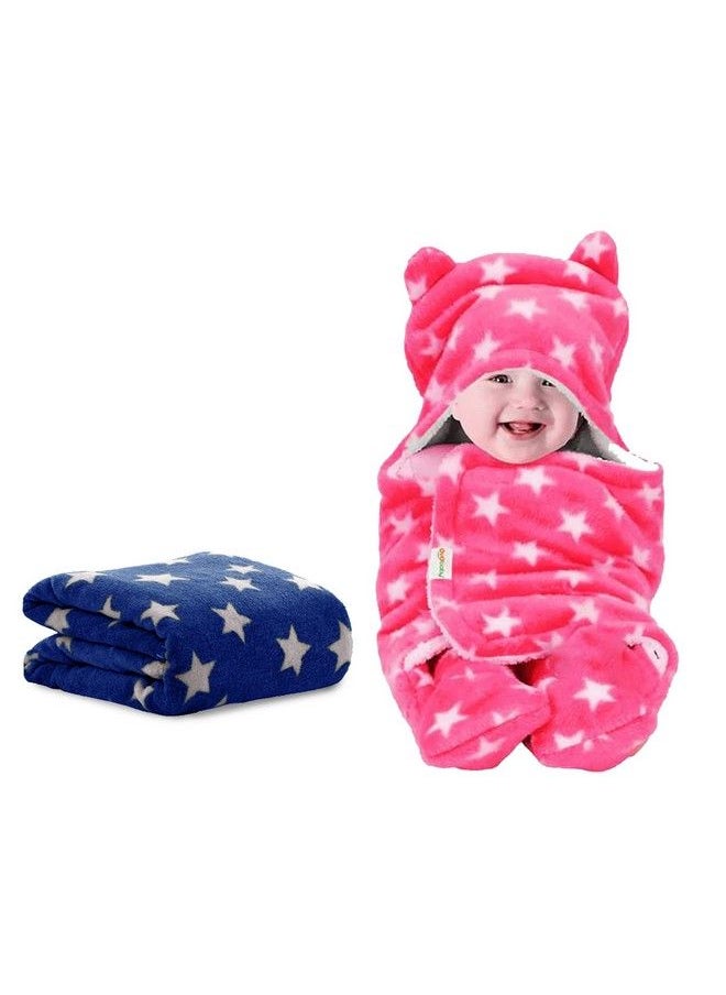 OYO BABY Baby Blankets New Born Babies ; Baby Combo Super Soft Baby Wrapper Baby Sleeping Bag For Baby Boys Baby Girls Babies (06 Months Fleece Skin Friendly Star Dark Blue & Pink)  - Image 1