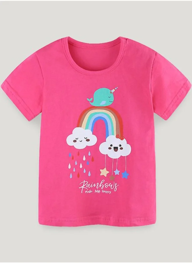 يونيكي Pink Crew Neck Short Sleeve Printed Top