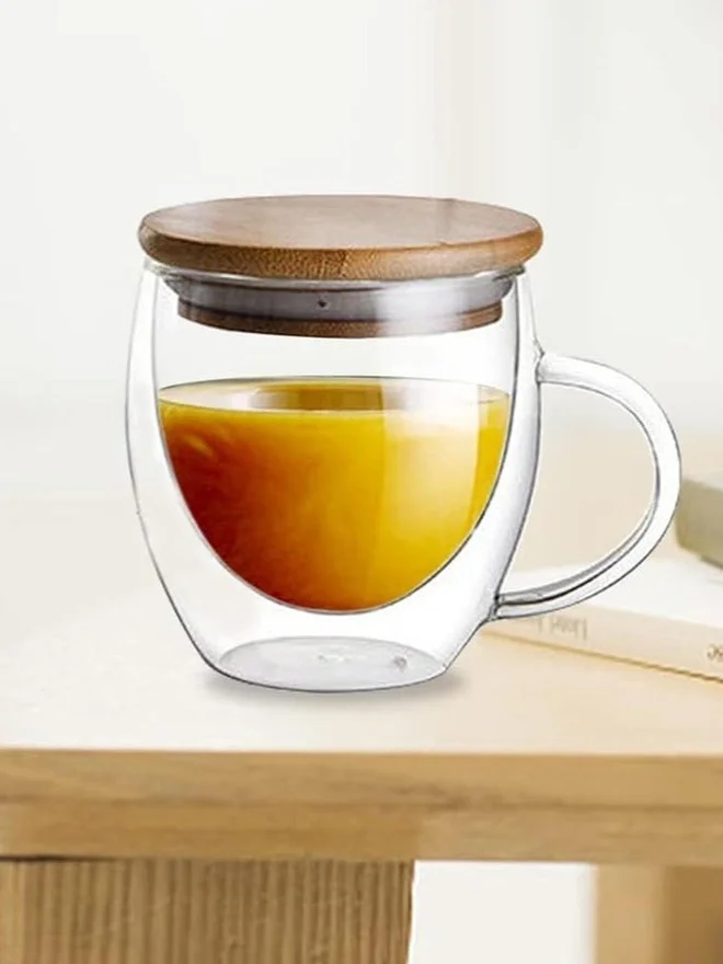 1 تشيس 1CHASE Borosilicate Double Walled Coffee Cups With Handle And Wooden Lid, 250ml
