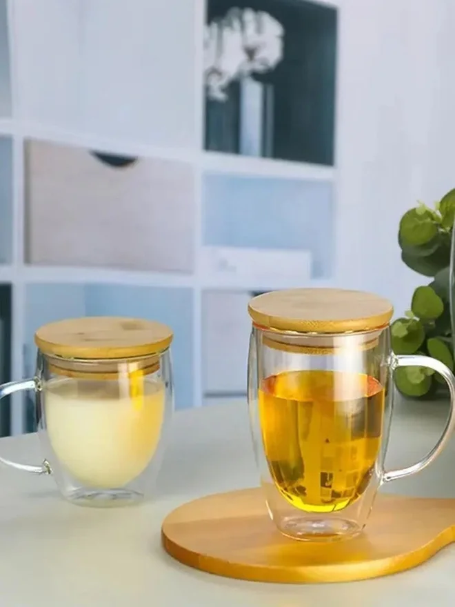 1 تشيس 1CHASE Borosilicate Double Walled Coffee Cups With Handle And Wooden Lid, 250ml