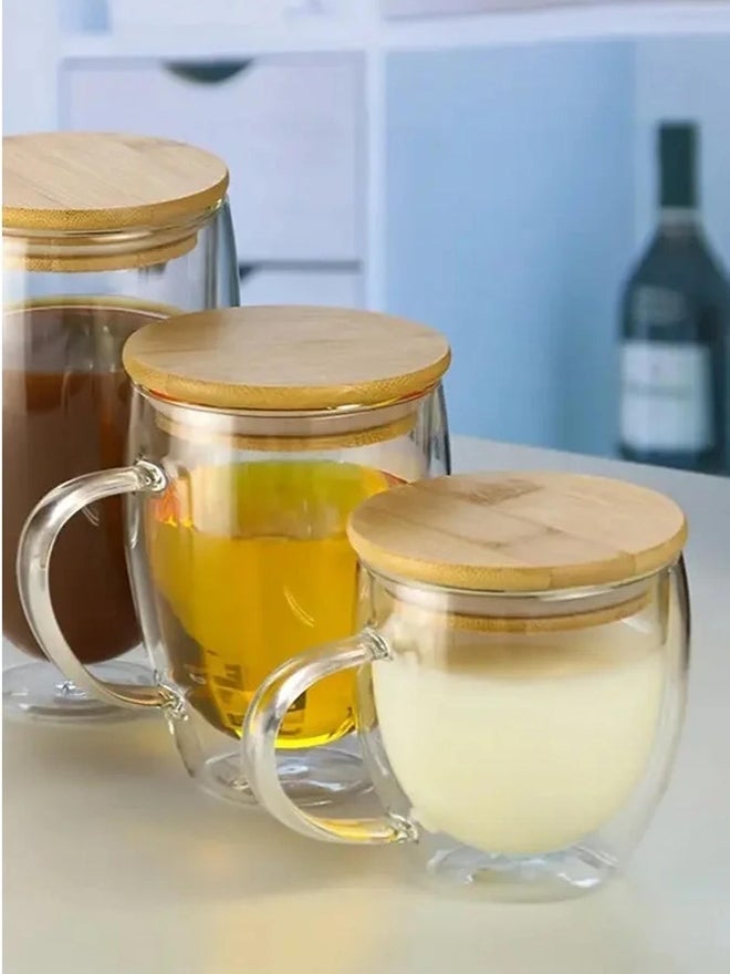 1CHASE Borosilicate Double Walled Coffee Cups With Handle And Wooden Lid, 250ml - Image 3