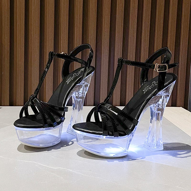 14Cm Luminous Metal Buckle High Heel Chunky Heel Super High Heel Platform Hate Sky High Sandals - Image 2
