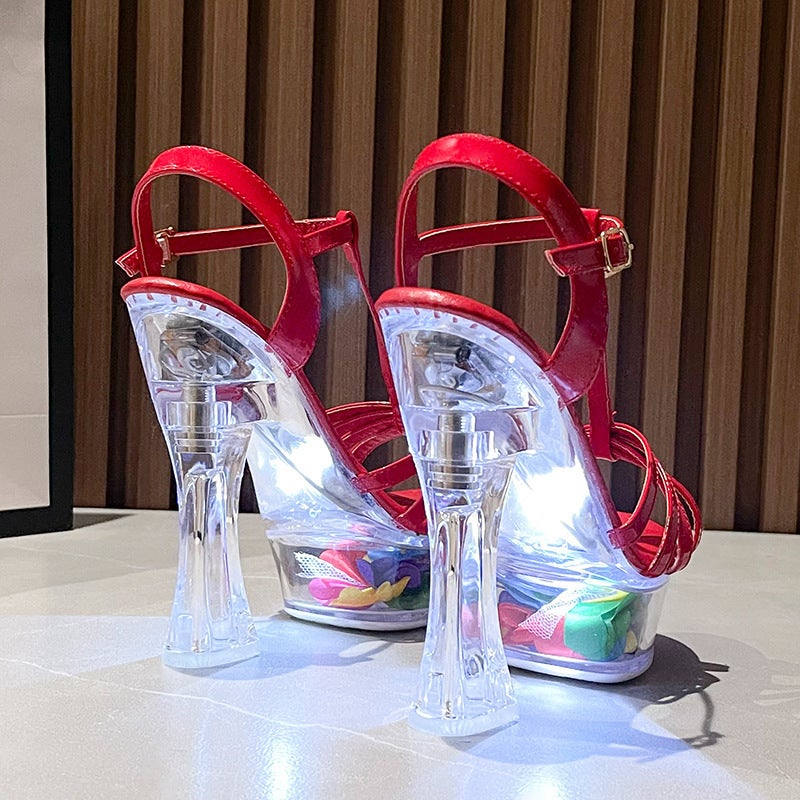 14Cm Luminous Metal Buckle High Heel Chunky Heel Super High Heel Platform Hate Sky High Sandals - Image 3