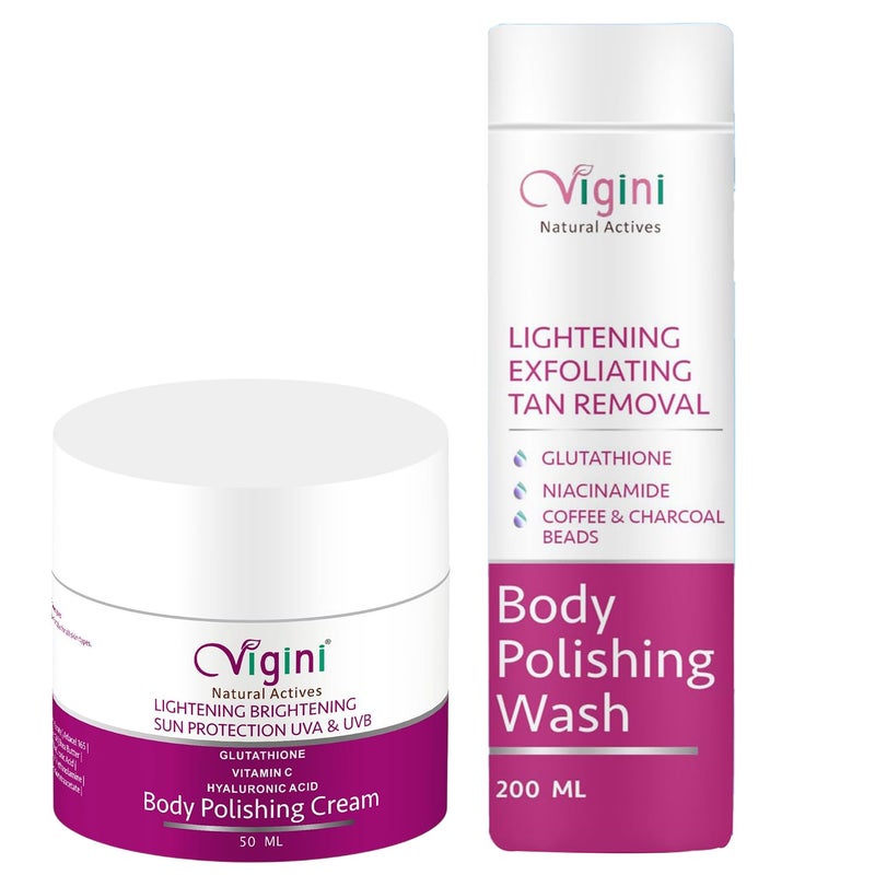 Vigini فغيني مقشر للبقع الداكنة وإزالة تان البشرة الباهتة غسول الجسم مع مقشر القهوة الجلوتاثيون وكريم مرطب لتفتيح البشرة بفيتامين C 1% للرجال والنساء 250 مل - Image 1