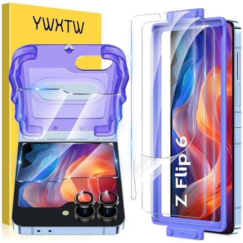 YWXTW EZ Alignment for Samsung Galaxy Z Flip 6/Z Flip 7 FE Screen Protector, [Strengthen Crease Test] 3Pcs Inner Soft EPU Film+2Pcs Front Display Tempered Glass+1 Set Camera lens Protector, Anti Scratch - Image 1