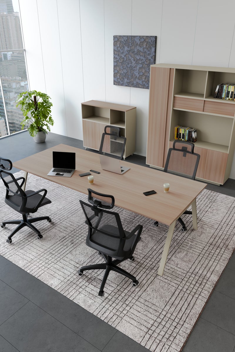 NEO FRONT FURNITURE Office Meeting Table – Beige & Brown MDF Conference Table with Metal Legs & Built-In Charging Hub, 10–12 Seater Executive Boardroom Table 3200×1200×750 mm (XS-Y-H32)  - Image 2