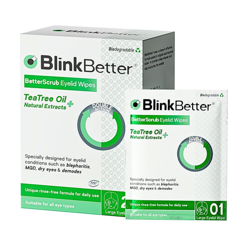 BlinkBetter Tea Tree Oil Eyelid Wipes - 20 x Natural Blepharitis, MGD & Dry Eye Relief Wipes | Cleansing, Soothing, Dual-Textured, Triple Moisture Formula | Biodegradable & Gentle (Pack of 1, 20) - Image 1