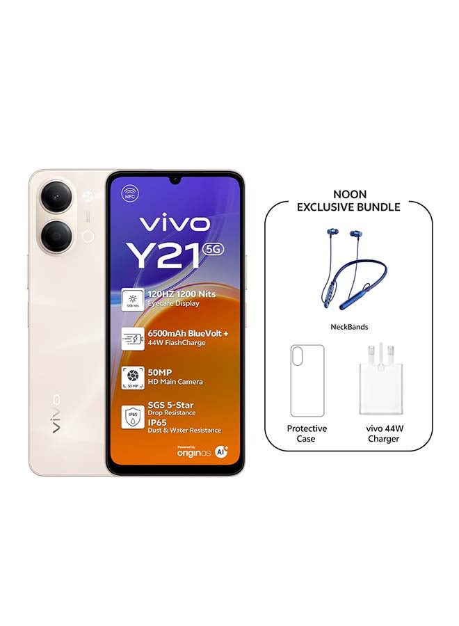 فيفو Y21 AI 5G Dual SIM Gold 4GB RAM 128GB With Exclusive Neckband (Charger and Case Inside Phone Box)- Middle East Version - Image 1
