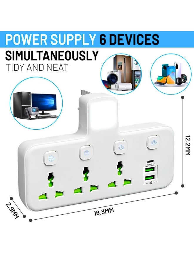 Chase Up 3 Way Plug Extension Socket with 2 USB & 1 Type-C Ports, UK Multi Plug Adapter with Switches - Ideal for Home, Office, Kitchen, Garden, Outdoor Use and travel. - Image 3