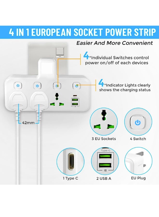 Chase Up 3 Way Plug Extension Socket with 2 USB & 1 Type-C Ports, UK Multi Plug Adapter with Switches - Ideal for Home, Office, Kitchen, Garden, Outdoor Use and travel. - Image 2