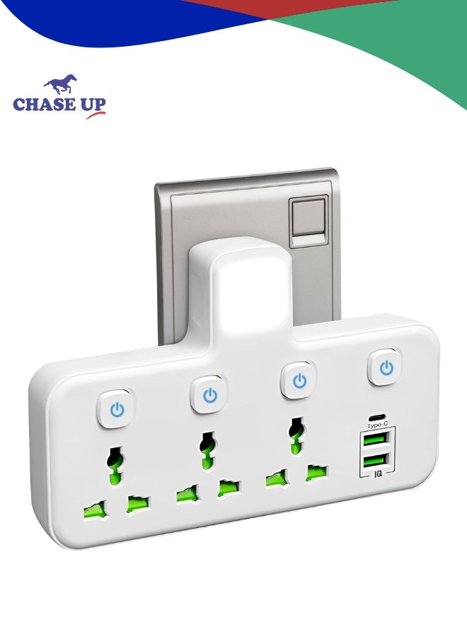 Chase Up 3 Way Plug Extension Socket with 2 USB & 1 Type-C Ports, UK Multi Plug Adapter with Switches - Ideal for Home, Office, Kitchen, Garden, Outdoor Use and travel. - Image 1