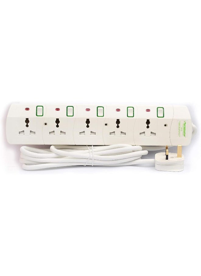 Terminator Terminator 5 way Universal Power Extension Socket, 5M 3X1.25MM2, White color body & cable with individual switch 13A Fused plug.  - Image 1