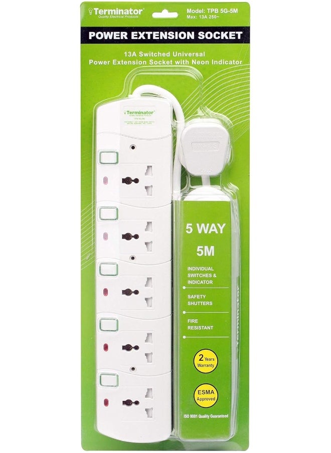 Terminator Terminator 5 way Universal Power Extension Socket, 5M 3X1.25MM2, White color body & cable with individual switch 13A Fused plug.  - Image 2