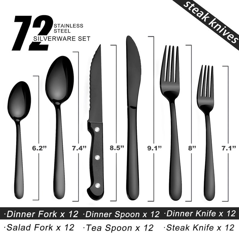 Pleafind 72Pcs Black Silverware Sets for 12 - Dishwasher Safe, Flatware Set with Steak Knives, Stainless Steel Cutlery Set, Include Forks Spoons and Knives Set, Utensil Sets for Home Restaurant - Image 2