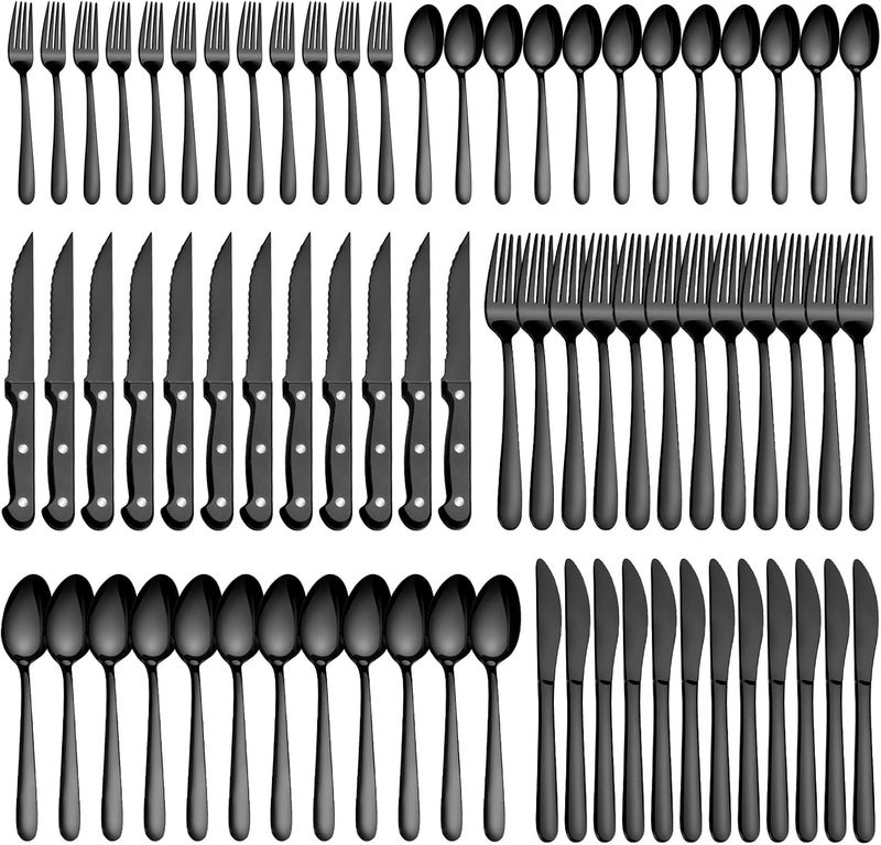 Pleafind 72Pcs Black Silverware Sets for 12 - Dishwasher Safe, Flatware Set with Steak Knives, Stainless Steel Cutlery Set, Include Forks Spoons and Knives Set, Utensil Sets for Home Restaurant - Image 1