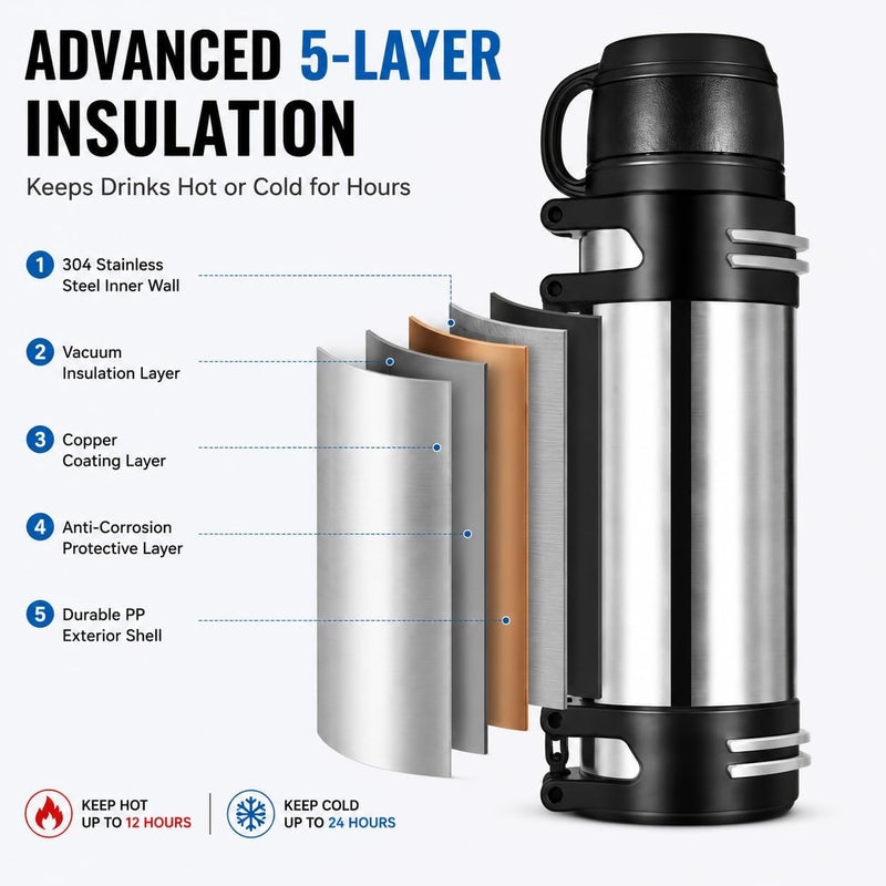 KIDENEI 2.0L Vacuum Insulated Bottle with Handle Cup, Stainless Steel Insulated Water Jug with Strap, Keeping Hot or Cold 24 Hours Coffee Thermos for Traveling Hiking Fishing - Image 5