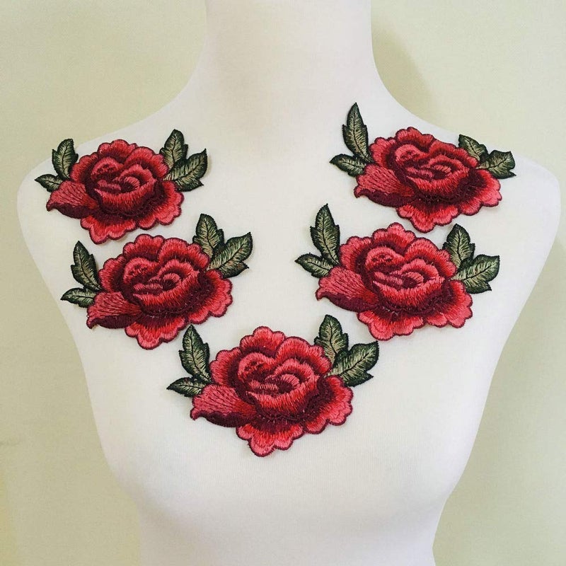 ZALALAA 5pcs Beautiful 3D Rose Peony Flower Patch Embroidered Garment Appliques Sew on Patches Clothes Cheongsam Wedding Dress Accessory 5135 