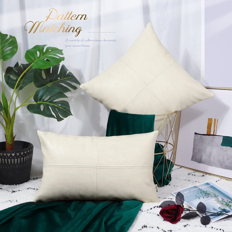BRAWARM BRAWARM Faux Leather Throw Pillow Covers 20 X 20 Inches  Cream Leather Pillow Cover  Hand Stitched Leather Decorative Pillow Cover for Couch Sofa Bed Living Room Home Garden - Image 3