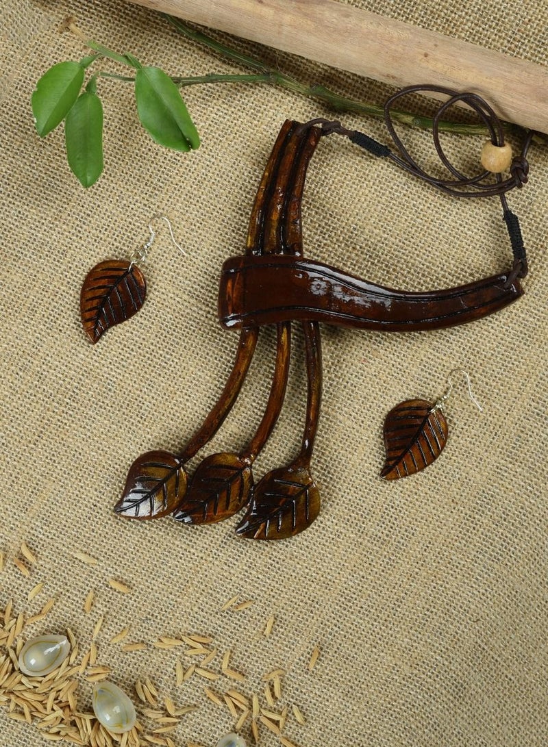 Handmade Coconut Shell Leaves Design and Tribal Design Necklace with Matching Earrings Combo Set of 2  - Image 3