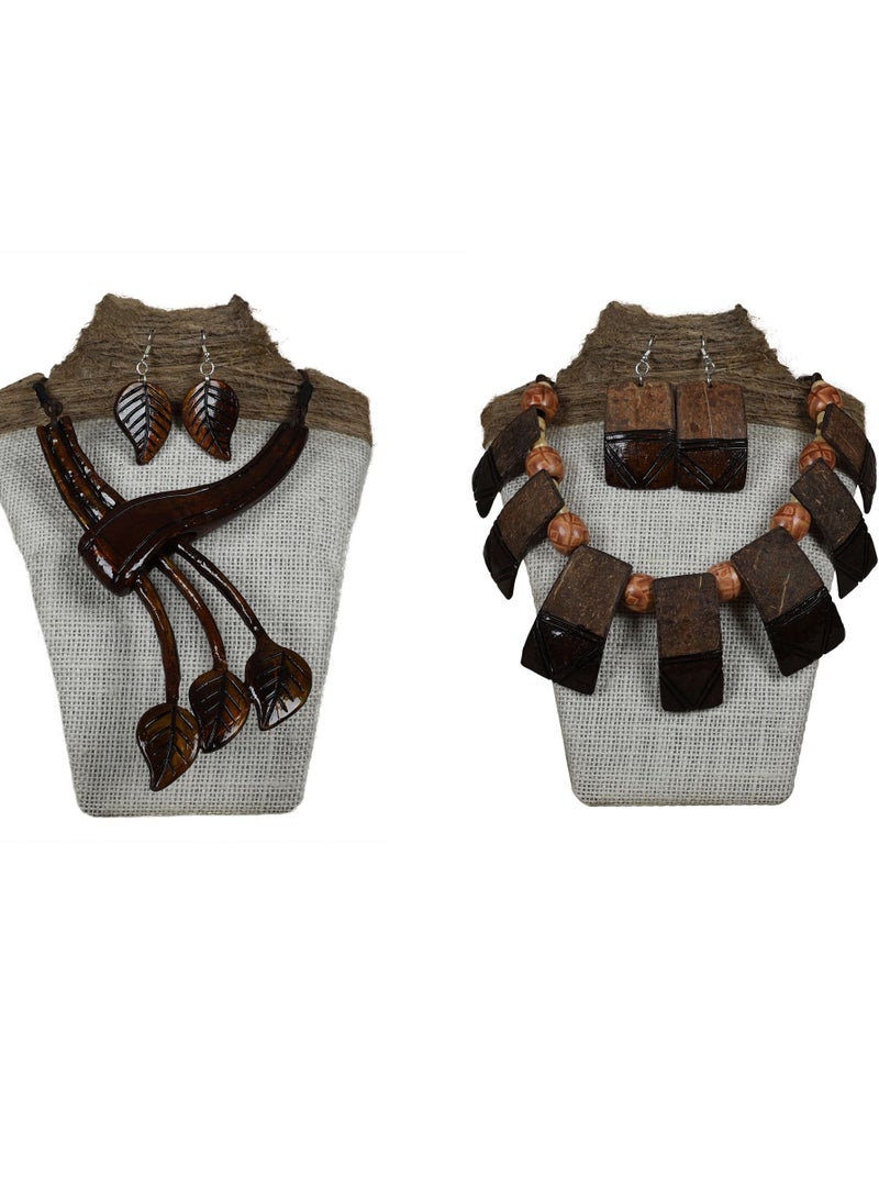 Handmade Coconut Shell Leaves Design and Tribal Design Necklace with Matching Earrings Combo Set of 2  - Image 1
