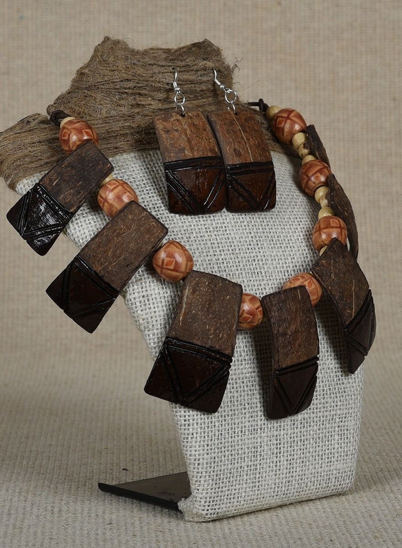 Handmade Coconut Shell Leaves Design and Tribal Design Necklace with Matching Earrings Combo Set of 2  - Image 2