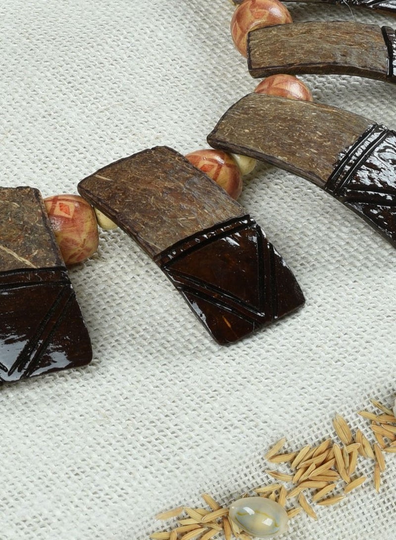 Handmade Coconut Shell Leaves Design and Tribal Design Necklace with Matching Earrings Combo Set of 2  - Image 4