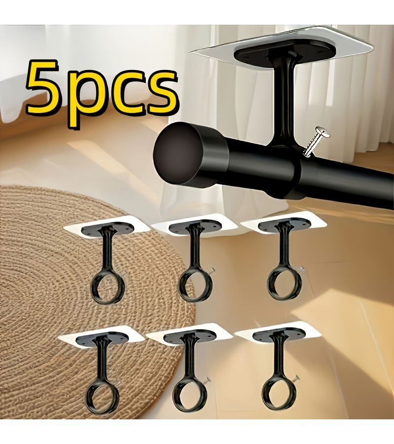 5pcs Heavy Duty Self Adhesive Ceiling Curtain Rod Brackets Adjustable Hooks No Drill Installation Plastic Curtain Track System Free Hanging for Wardrobe Bedroom Tiles Ceiling Panels Modern Decor Black - Image 1