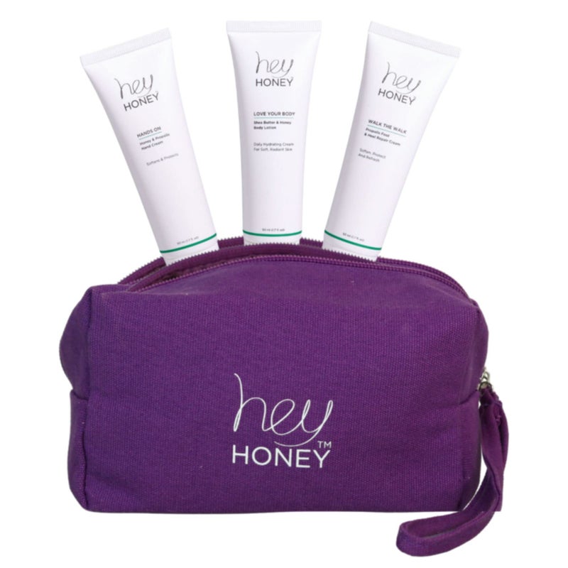 Hey Honey 4pc Set: Love Your Body Lotion, Walk The Walk Foot Cream, Hands On Honey Hand Cream, Eco Makeup Bag. Perfect for Valentine's, Xmas, Birthdays - Image 1