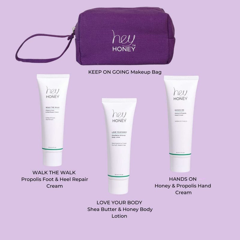 Hey Honey 4pc Set: Love Your Body Lotion, Walk The Walk Foot Cream, Hands On Honey Hand Cream, Eco Makeup Bag. Perfect for Valentine's, Xmas, Birthdays - Image 3