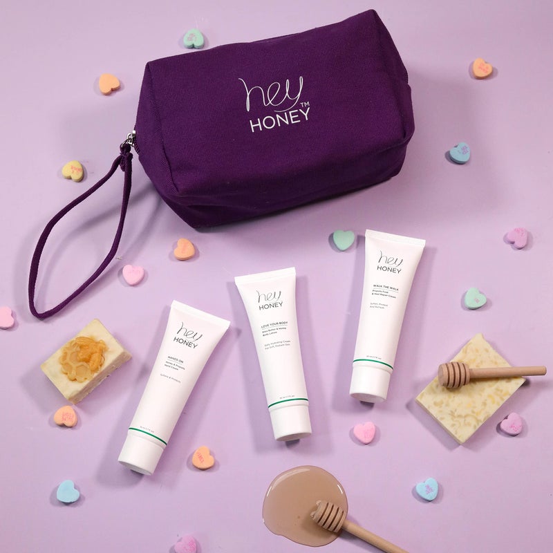Hey Honey 4pc Set: Love Your Body Lotion, Walk The Walk Foot Cream, Hands On Honey Hand Cream, Eco Makeup Bag. Perfect for Valentine's, Xmas, Birthdays - Image 2