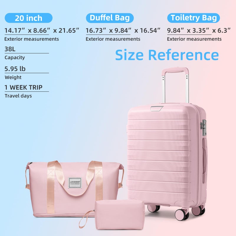 LARVENDER Luggage Sets 3 Piece with Duffel Bag Hardside PP Carry On Suitcase with 360Â° Spinner Wheels TSA Lock Luggage Sets for Women, Orchid Pink - Image 5