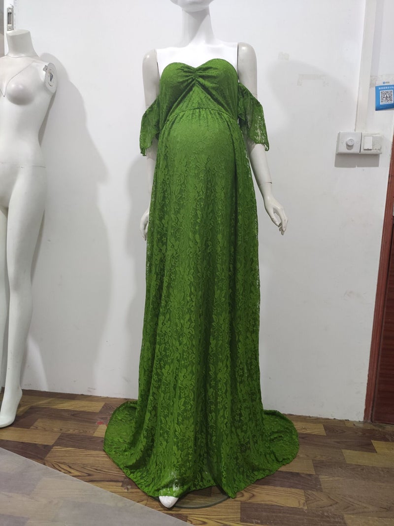 Elegant Lace Maternity Maxi Dress with Flutter Sleeves apple green