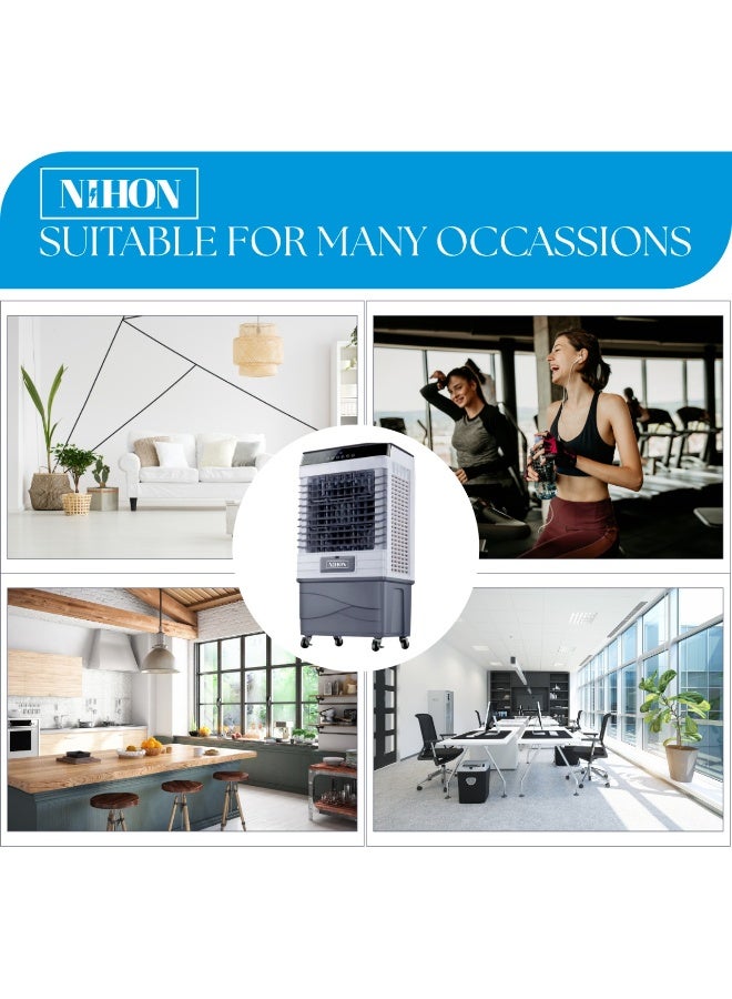 نيهون مبرد هواء NIHON 3 في 1 سعة 45 لترًا | مبرد هواء تبخيري محمول، مرطب هواء ومروحة | تدفق هواء 6500 متر مكعب/ساعة، محرك نحاسي 150 واط، جهاز تحكم عن بعد، حجرة ثلج ووسادات على شكل خلية نحل للمنزل والمكتب - Image 4
