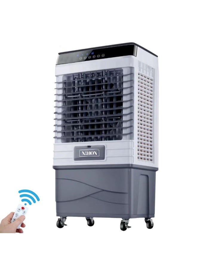 نيهون مبرد هواء NIHON 3 في 1 سعة 45 لترًا | مبرد هواء تبخيري محمول، مرطب هواء ومروحة | تدفق هواء 6500 متر مكعب/ساعة، محرك نحاسي 150 واط، جهاز تحكم عن بعد، حجرة ثلج ووسادات على شكل خلية نحل للمنزل والمكتب - Image 1