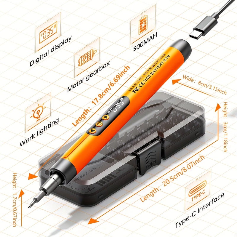 Gray Digital Display Electric Screwdriver Set 46 In 1 Wireless Quiet High Torque Adjustable With Light Rechargeable Lithium Battery Low Battery Indicator Overload Protection USB Portable Mini Tool For Home Use - Image 2
